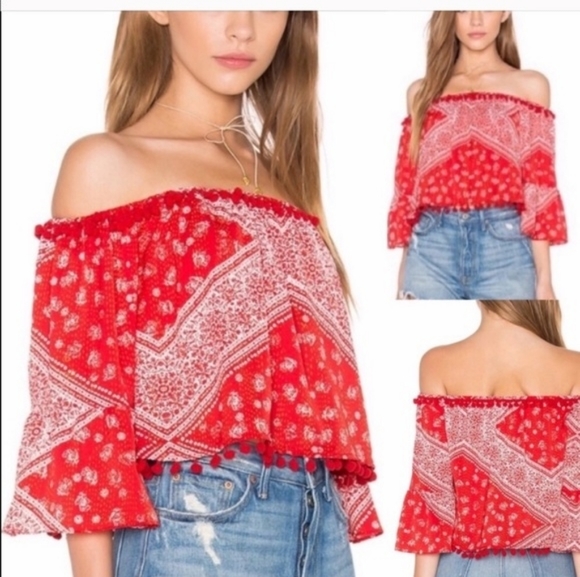 Tularosa Tops - Tularosa Red Alexa Pom Pom Paisley Crop Top